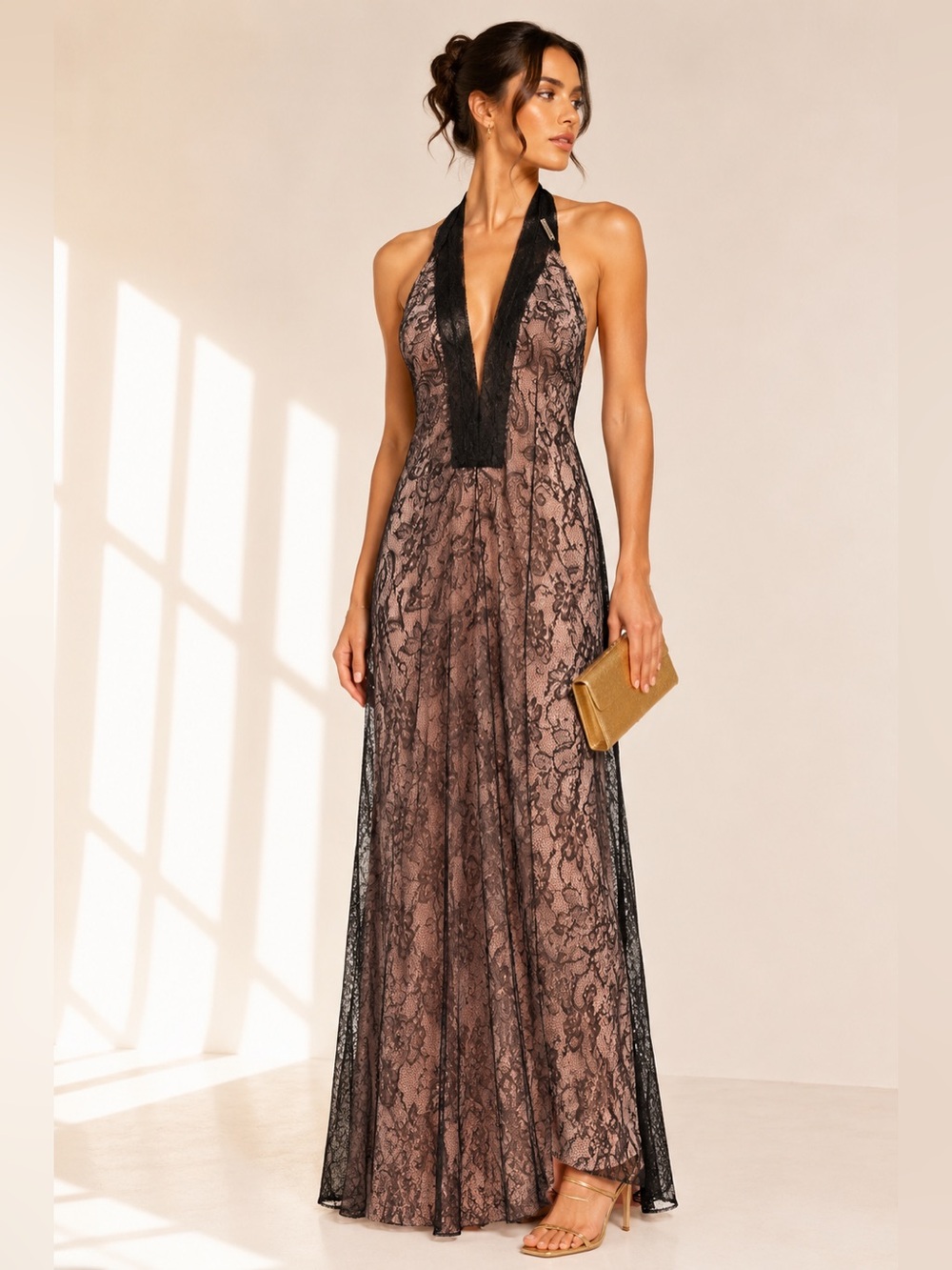 Galliano Y2K Mesh Lace Halter Floor Length Dress Metallic Logo Nude lining Sz XS